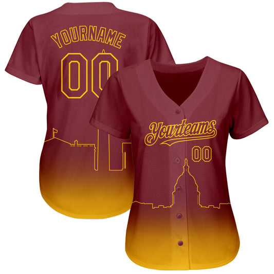 Custom Burgundy Yellow 3D Washington City Edition Fade Fasion Authentic Baseball Jersey - Sky-Custom
