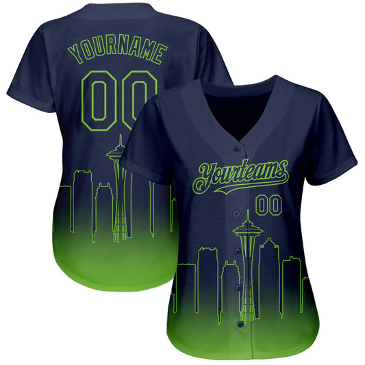 Custom Navy Neon Green 3D Seattle City Edition Fade Fasion Authentic Baseball Jersey - Sky-Custom