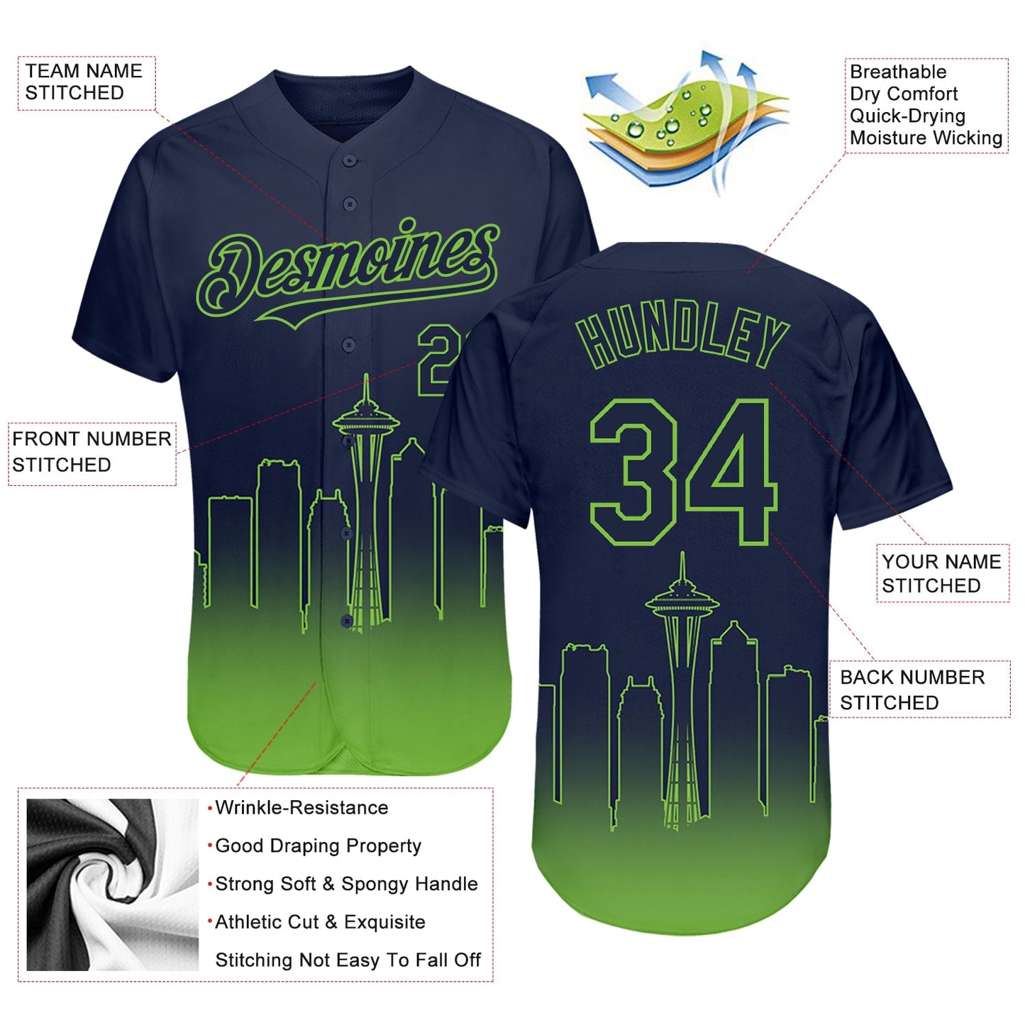 Custom Navy Neon Green 3D Seattle City Edition Fade Fasion Authentic Baseball Jersey - Sky-Custom