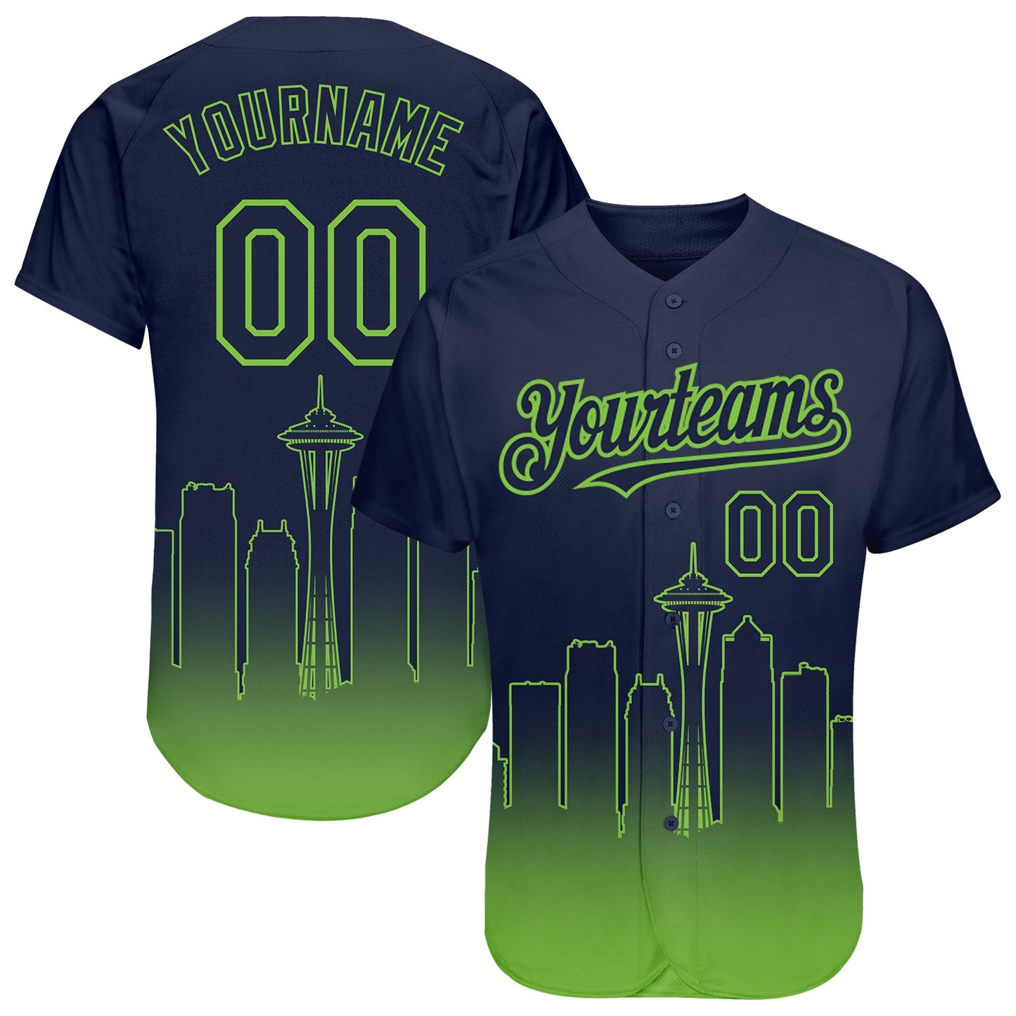 Custom Navy Neon Green 3D Seattle City Edition Fade Fasion Authentic Baseball Jersey - Sky-Custom