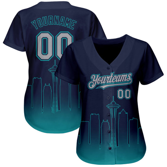 Custom Navy Gray-Teal 3D Seattle City Edition Fade Fasion Authentic Baseball Jersey - Sky-Custom