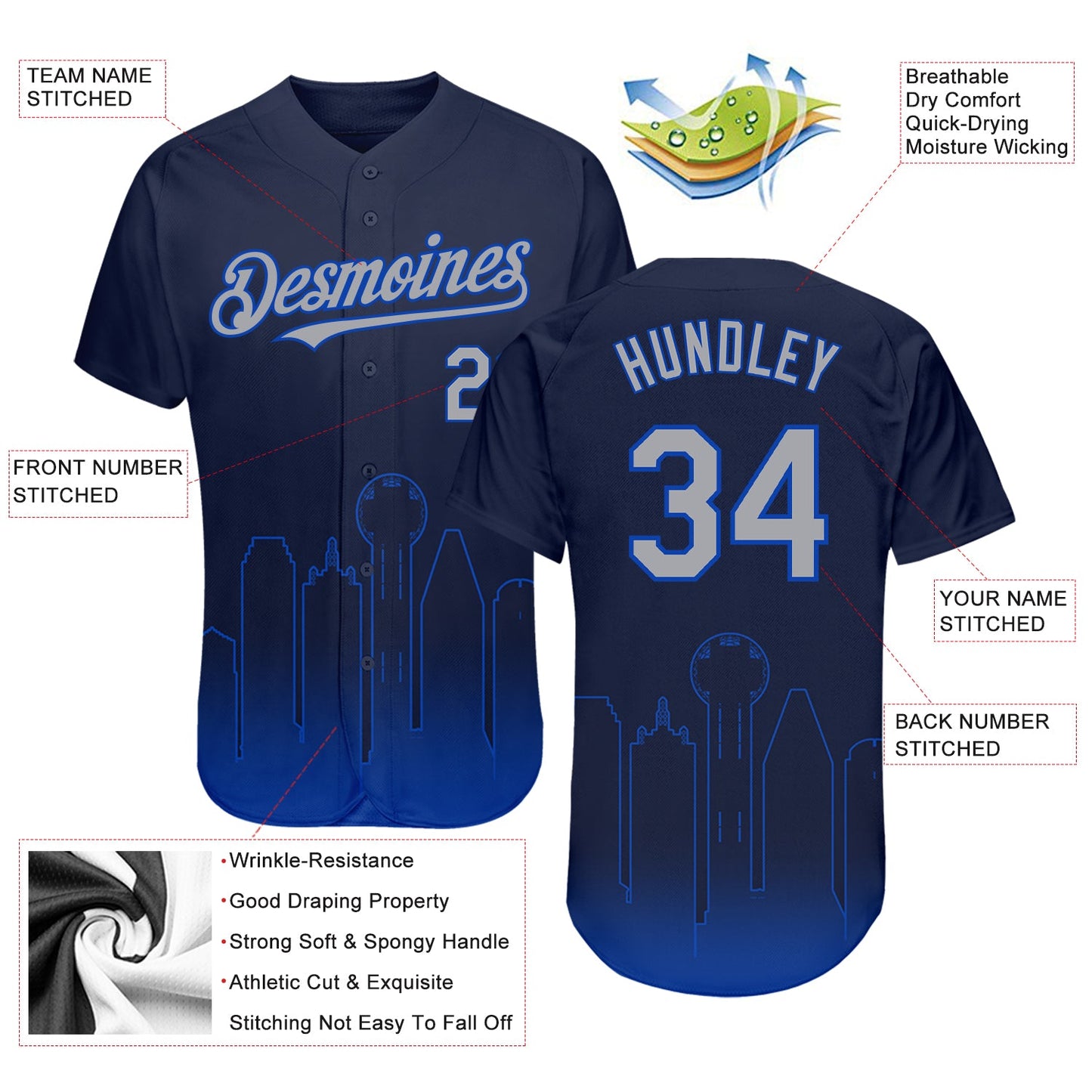 Custom Navy Gray-Thunder Blue 3D Dallas City Edition Fade Fasion Authentic Baseball Jersey - Sky-Custom