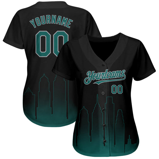 Custom Black Midnight Green-Gray 3D Philadelphia City Edition Fade Fasion Authentic Baseball Jersey - Sky-Custom