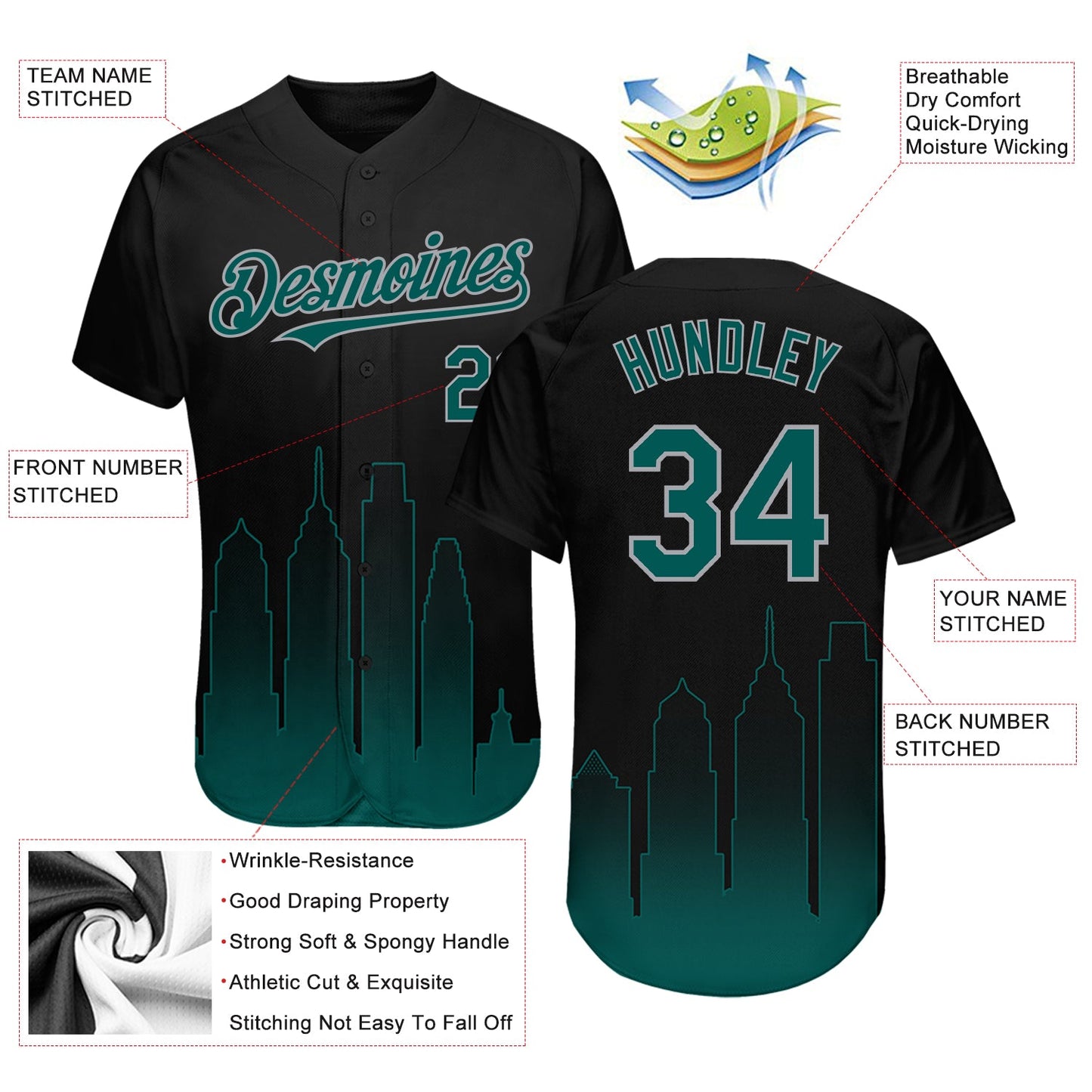 Custom Black Midnight Green-Gray 3D Philadelphia City Edition Fade Fasion Authentic Baseball Jersey - Sky-Custom