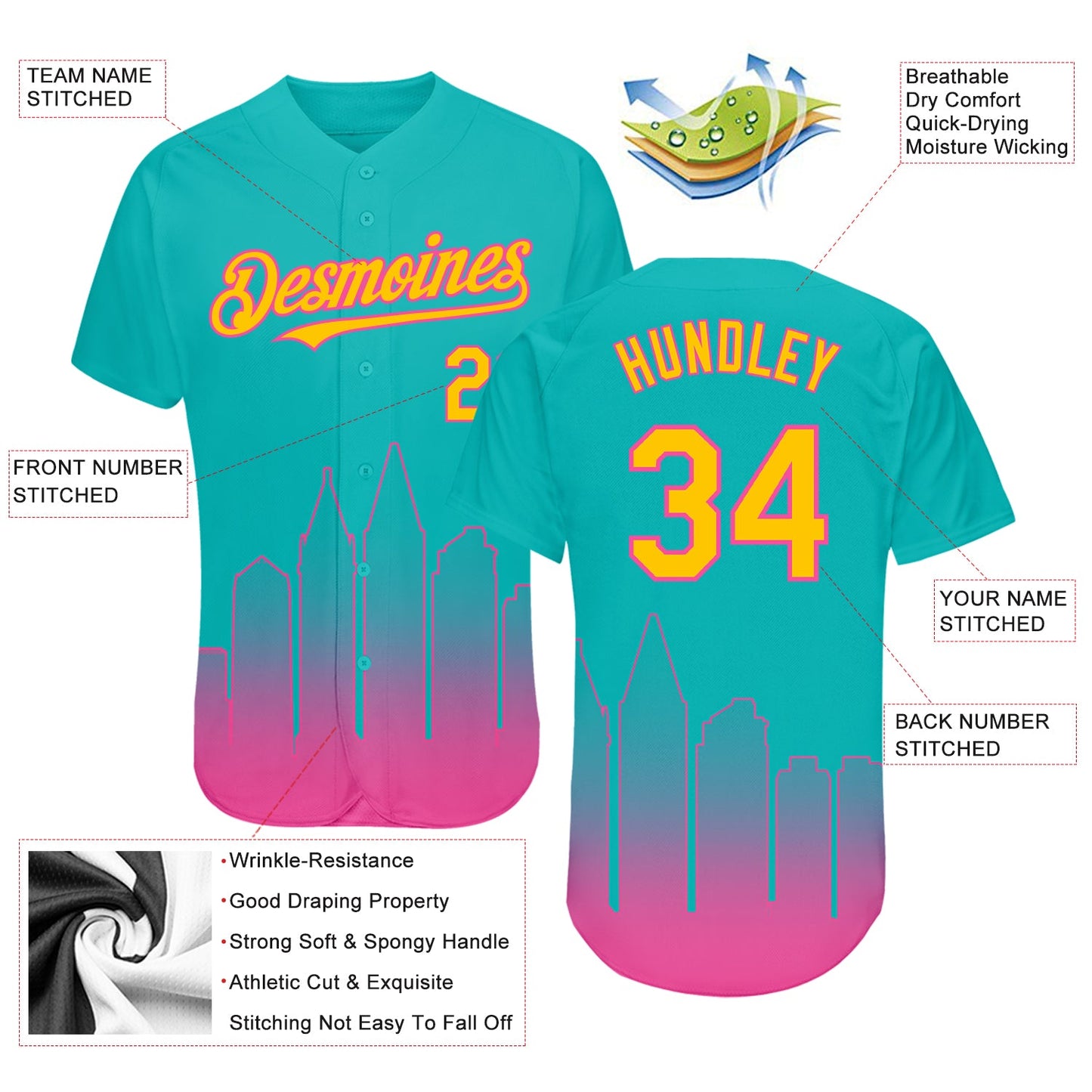 Custom Aqua Yellow-Pink 3D San Diego City Edition Fade Fasion Authentic Baseball Jersey - Sky-Custom