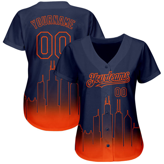 Custom Navy Orange 3D Chicago City Edition Fade Fasion Authentic Baseball Jersey - Sky-Custom