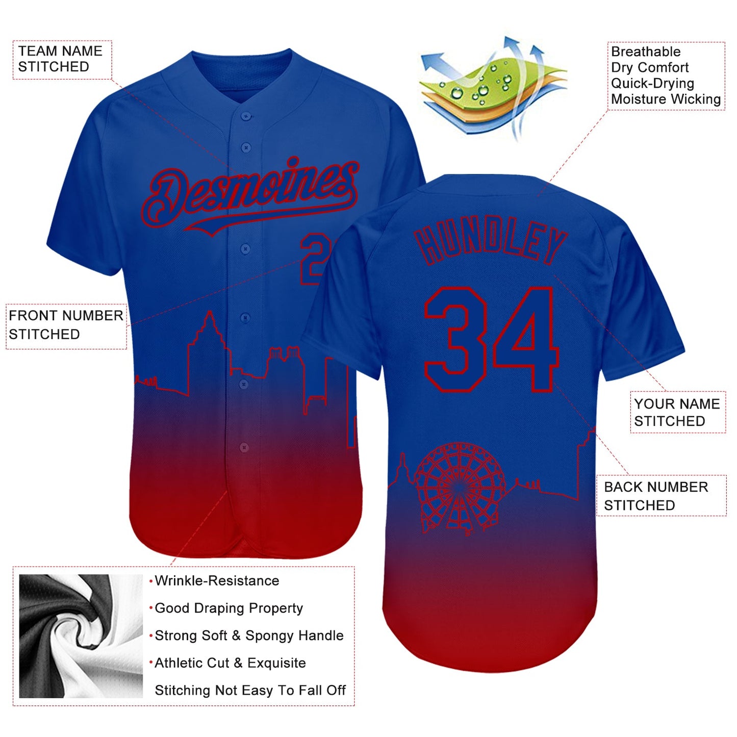 Custom Royal Red 3D Atlanta City Edition Fade Fasion Authentic Baseball Jersey - Sky-Custom