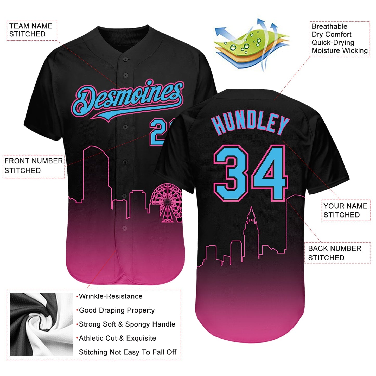 Custom Black Sky Blue-Pink 3D Miami City Edition Fade Fasion Authentic Baseball Jersey - Sky-Custom