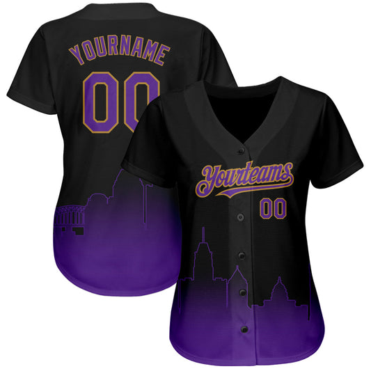 Custom Black Purple-Old Gold 3D Baltimore City Edition Fade Fasion Authentic Baseball Jersey - Sky-Custom