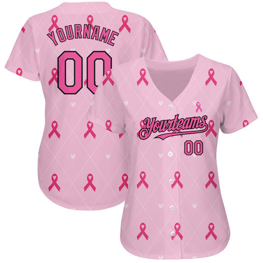 Custom Pink Black 3D Pink Ribbon Breast Cancer Awareness Month Women Health Care Support Authentic Baseball Jersey - Sky-Custom