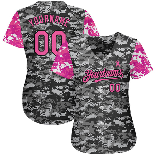 Custom Camo Pink-Black 3D Pink Ribbon Breast Cancer Awareness Month Women Health Care Support Authentic Baseball Jersey - Sky-Custom