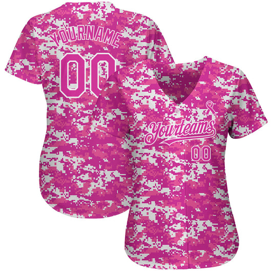 Custom Camo Deep Pink-Black 3D Pink Ribbon Breast Cancer Awareness Month Women Health Care Support Authentic Baseball Jersey - Sky-Custom
