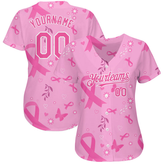 Custom Pink White 3D Pink Ribbon Breast Cancer Awareness Month Women Health Care Support Authentic Baseball Jersey - Sky-Custom