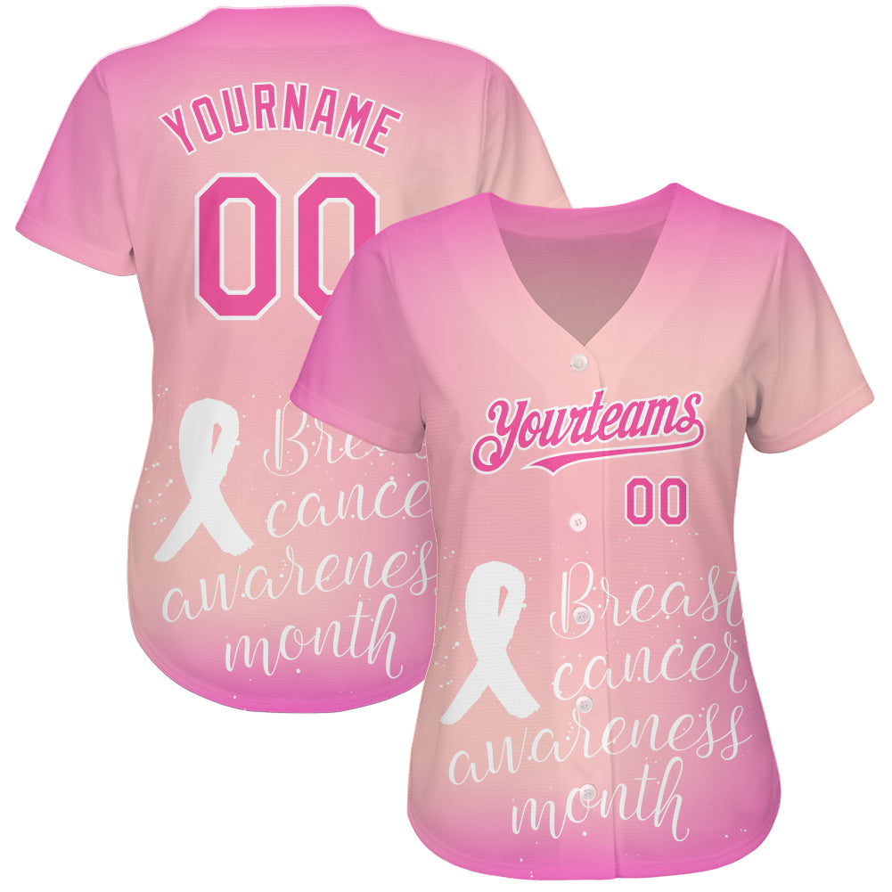 Custom Pink White 3D Pink Ribbon Breast Cancer Awareness Month Women Health Care Support Authentic Baseball Jersey - Sky-Custom