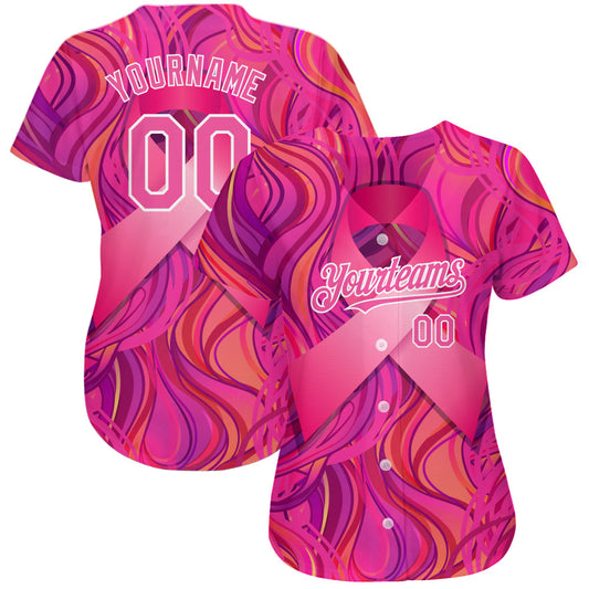 Custom Pink White 3D Pink Ribbon Breast Cancer Awareness Month Women Health Care Support Authentic Baseball Jersey - Sky-Custom