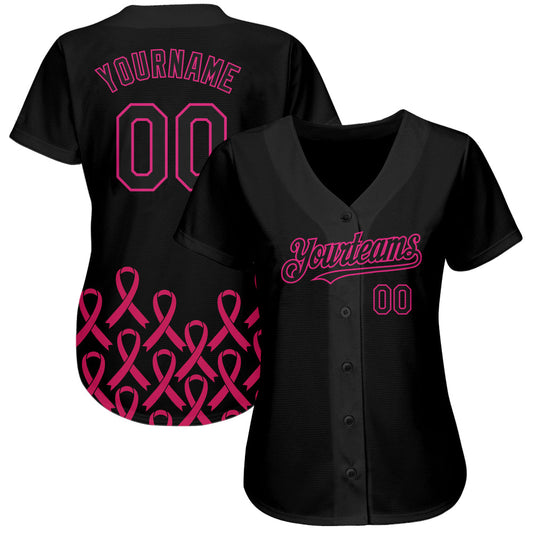 Custom Black Hot Pink 3D Pink Ribbon Breast Cancer Awareness Month Women Health Care Support Authentic Baseball Jersey - Sky-Custom