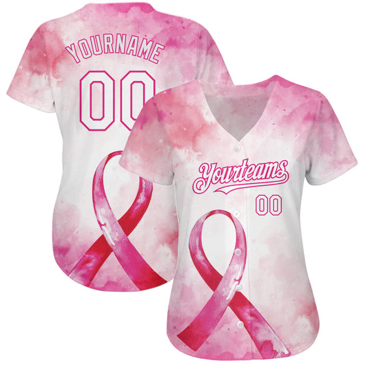 Custom Pink White-Hot Pink 3D Pink Ribbon Breast Cancer Awareness Month Women Health Care Support Authentic Baseball Jersey - Sky-Custom
