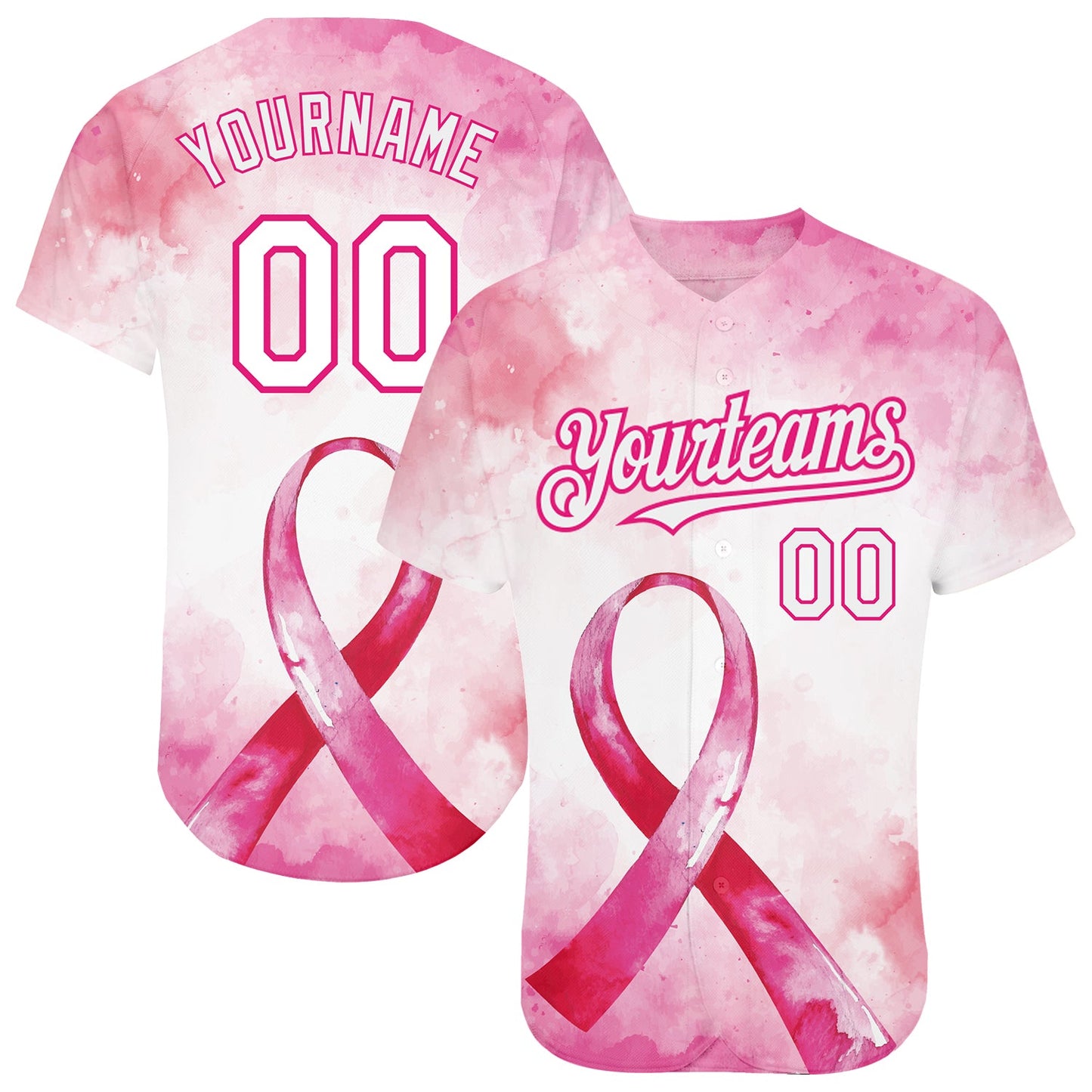Custom Pink White-Hot Pink 3D Pink Ribbon Breast Cancer Awareness Month Women Health Care Support Authentic Baseball Jersey - Sky-Custom