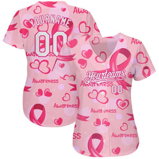 Custom Pink White-Hot Pink 3D Pink Ribbon Breast Cancer Awareness Month Women Health Care Support Authentic Baseball Jersey - Sky-Custom