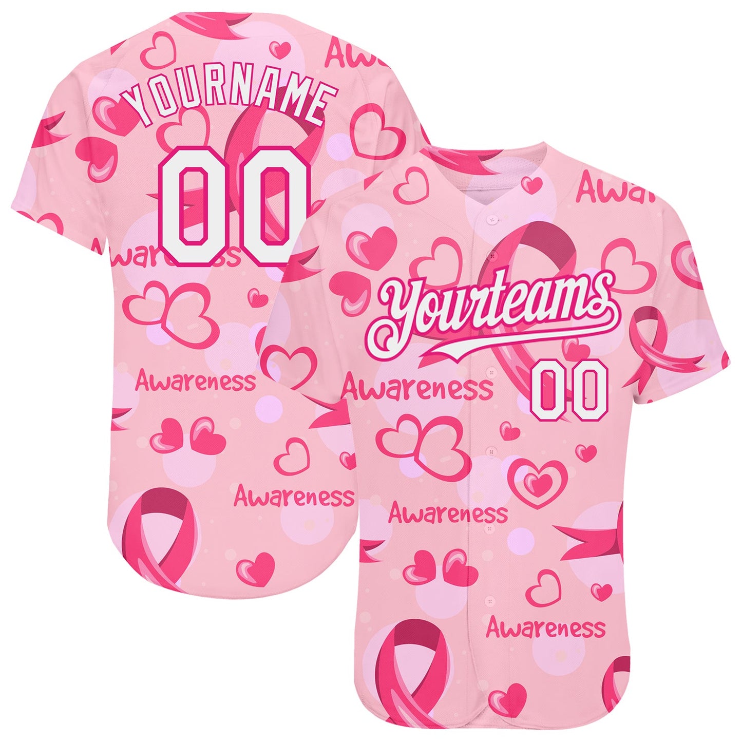 Custom Pink White-Hot Pink 3D Pink Ribbon Breast Cancer Awareness Month Women Health Care Support Authentic Baseball Jersey - Sky-Custom