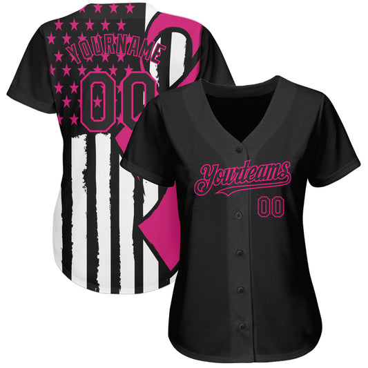 Custom Black Hot Pink-White 3D Pink Ribbon Breast Cancer Awareness Month Women Health Care Support Authentic Baseball Jersey - Sky-Custom