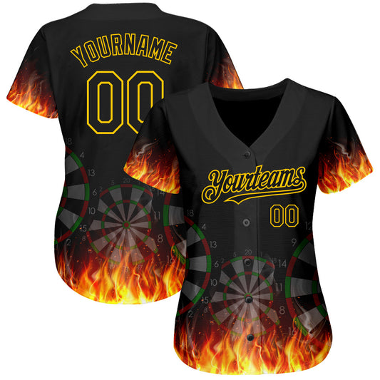 Custom Black Gold 3D Pattern Design Flame Dart Board Authentic Baseball Jersey - Sky-Custom