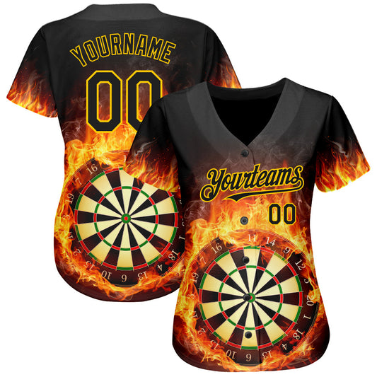 Custom Black Gold 3D Pattern Design Flame Dart Board Authentic Baseball Jersey - Sky-Custom