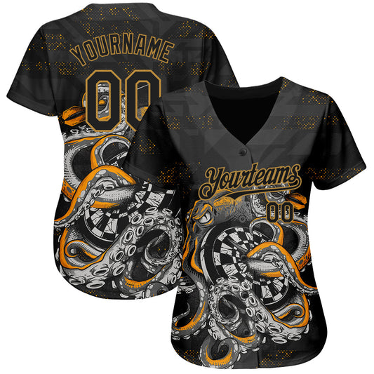 Custom Black Old Gold 3D Pattern Design Octopus Wrapped Around Dart Board Authentic Baseball Jersey - Sky-Custom