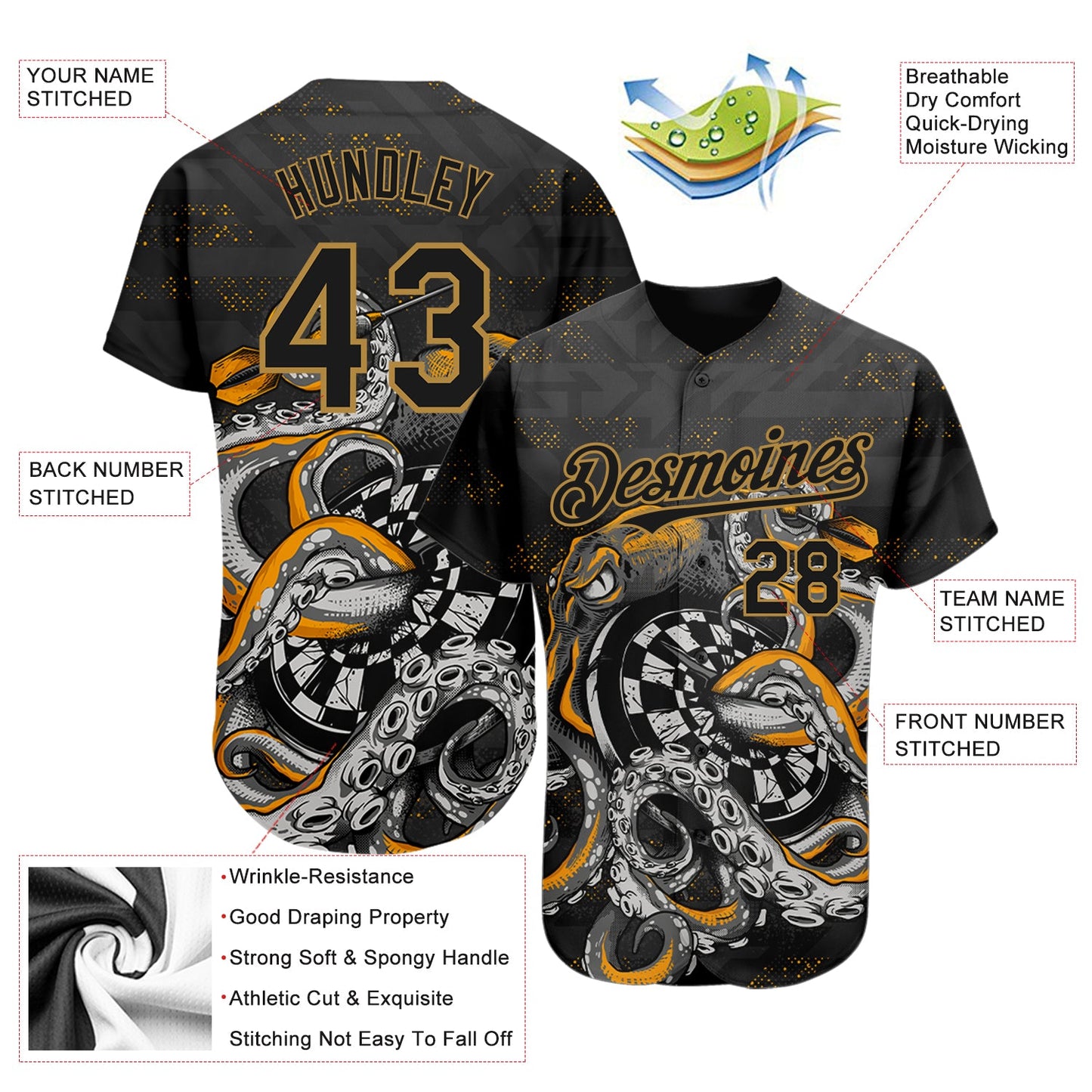 Custom Black Old Gold 3D Pattern Design Octopus Wrapped Around Dart Board Authentic Baseball Jersey - Sky-Custom