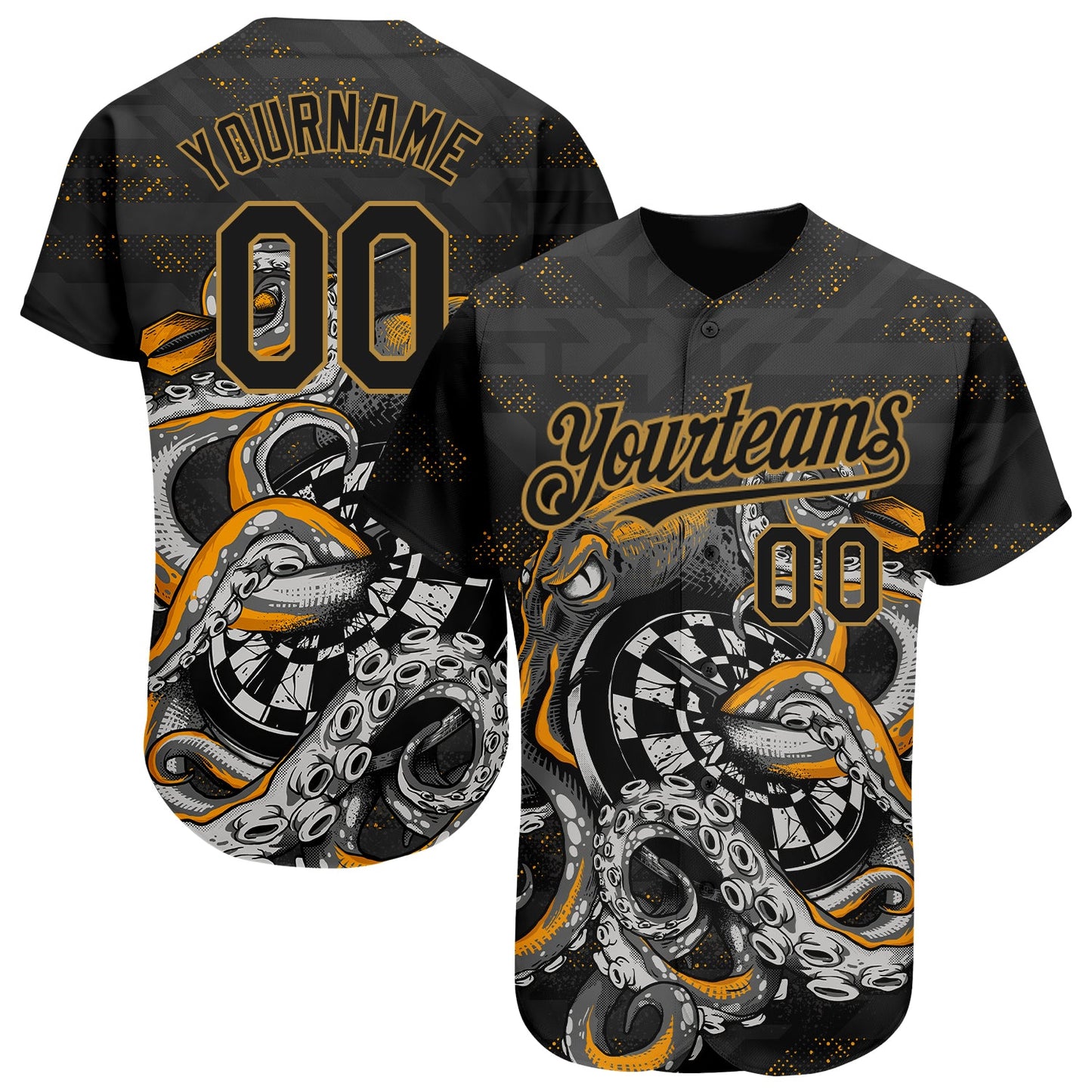 Custom Black Old Gold 3D Pattern Design Octopus Wrapped Around Dart Board Authentic Baseball Jersey - Sky-Custom
