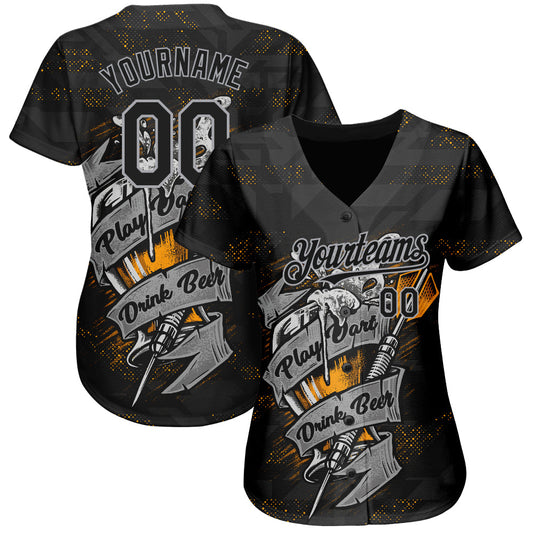 Custom Black Gray 3D Pattern Design Play Dart Drink Beer Authentic Baseball Jersey - Sky-Custom