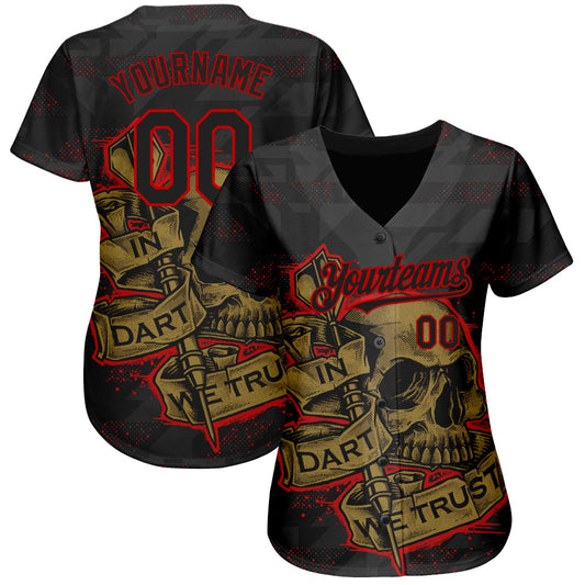 Custom Black Red-Old Gold 3D Pattern Design In Dart We Trust Authentic Baseball Jersey - Sky-Custom