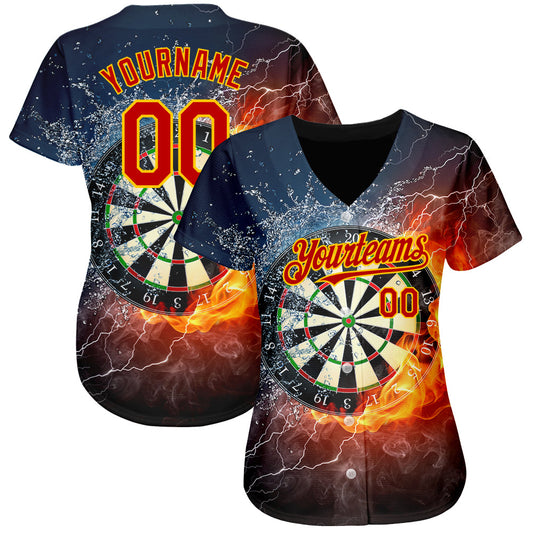 Custom Black Red-Gold 3D Pattern Design Flame Dart Board Authentic Baseball Jersey - Sky-Custom