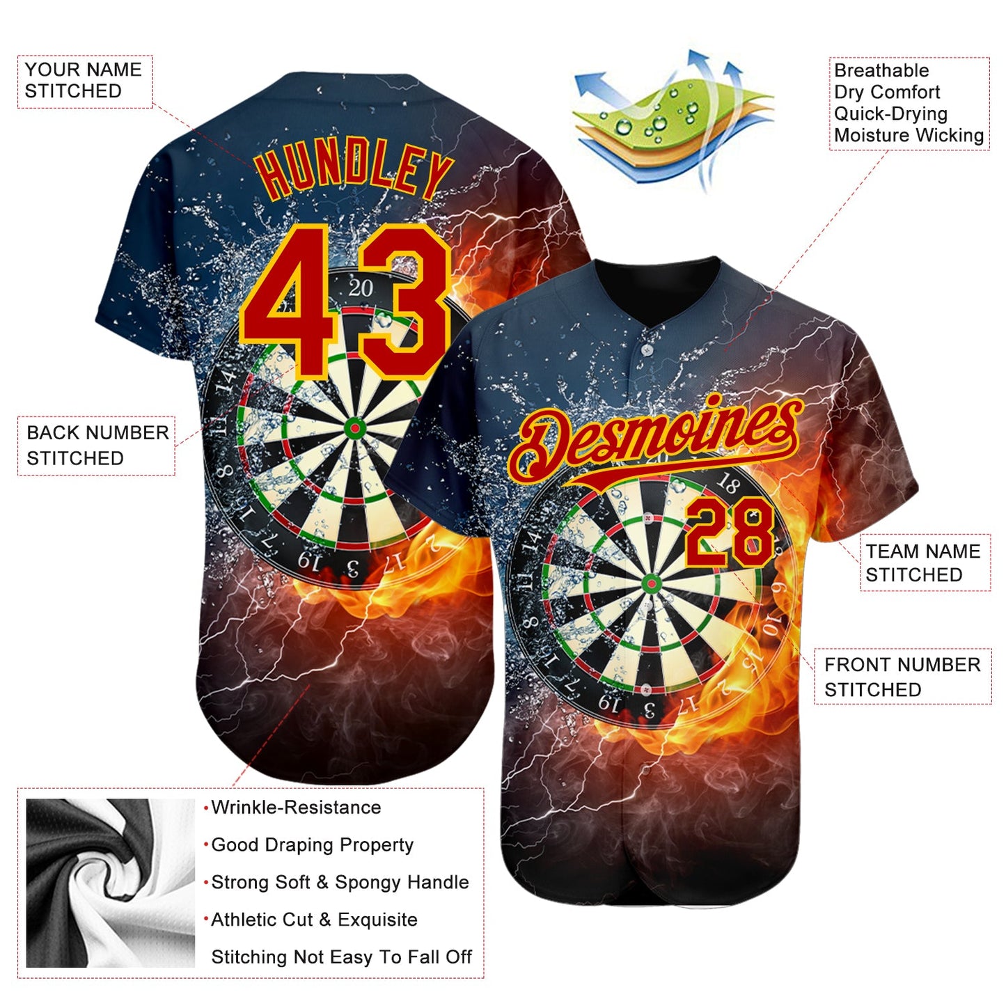 Custom Black Red-Gold 3D Pattern Design Flame Dart Board Authentic Baseball Jersey - Sky-Custom