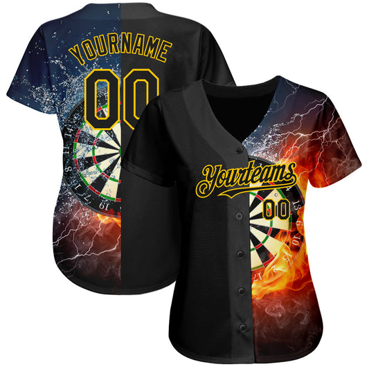 Custom Black Gold 3D Pattern Design Flame Dart Board Authentic Baseball Jersey - Sky-Custom