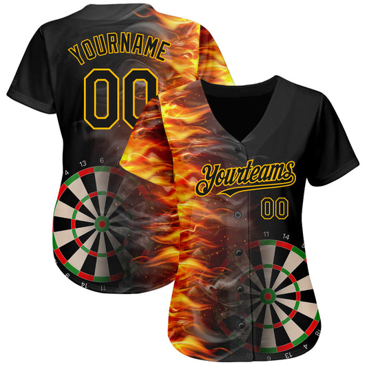 Custom Black Gold 3D Pattern Design Fiery Dart Board Authentic Baseball Jersey - Sky-Custom