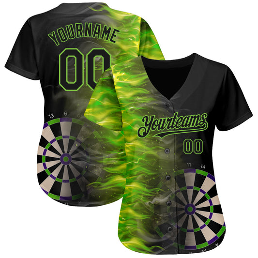 Custom Black Neon Green 3D Pattern Design Fiery Dart Board Authentic Baseball Jersey - Sky-Custom