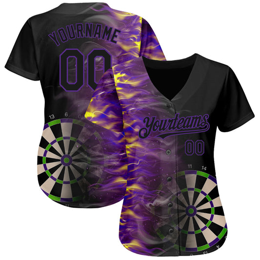 Custom Black Purple 3D Pattern Design Fiery Dart Board Authentic Baseball Jersey - Sky-Custom