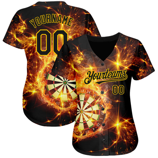 Custom Black Gold 3D Pattern Design Flame Dart Board Authentic Baseball Jersey - Sky-Custom