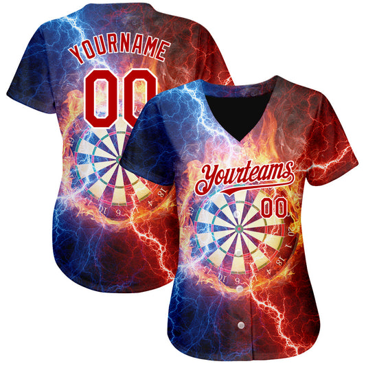 Custom Black Red-White 3D Pattern Design Lightning Flame Dart Board Authentic Baseball Jersey - Sky-Custom
