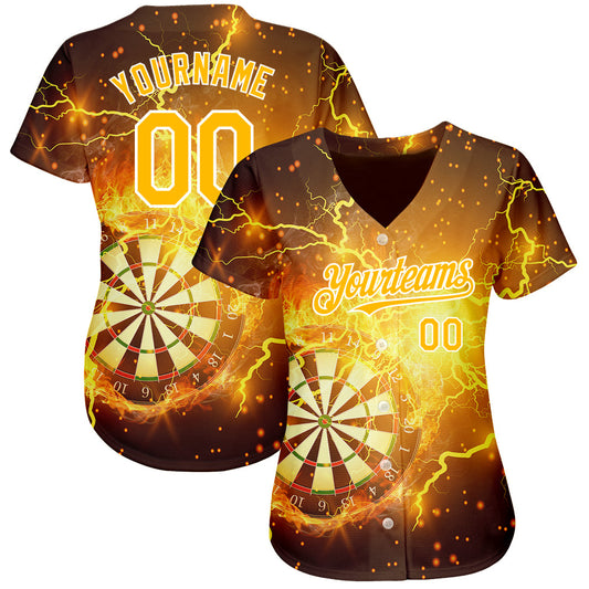 Custom Black Gold-White 3D Pattern Design Lightning Flame Dart Board Authentic Baseball Jersey - Sky-Custom