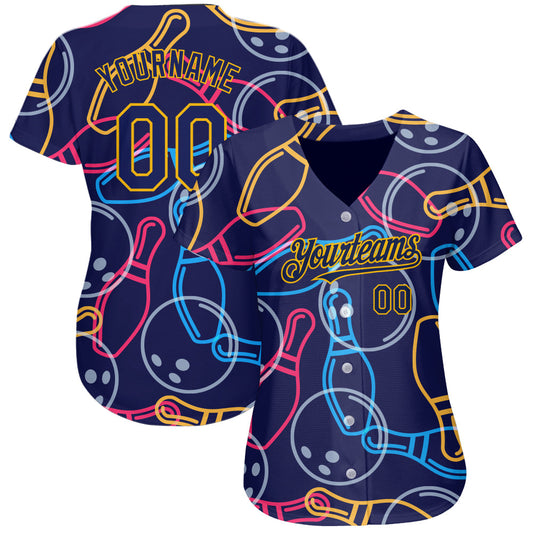 Custom Navy Gold 3D Pattern Design Bowling Authentic Baseball Jersey - Sky-Custom