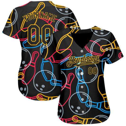 Custom Black Gold 3D Pattern Design Bowling Authentic Baseball Jersey - Sky-Custom