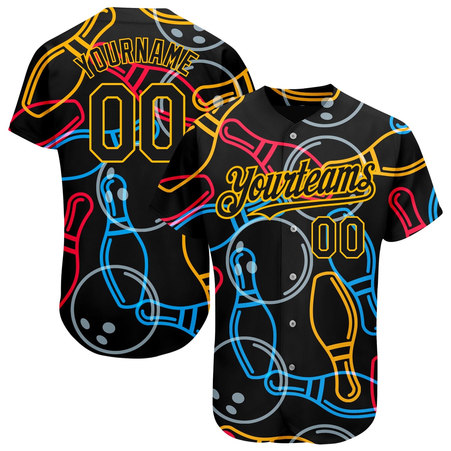 Custom Black Gold 3D Pattern Design Bowling Authentic Baseball Jersey - Sky-Custom