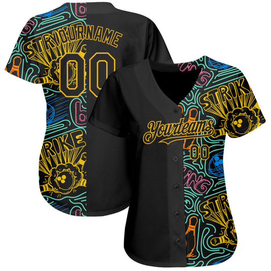 Custom Black Gold 3D Pattern Design Bowling Authentic Baseball Jersey - Sky-Custom