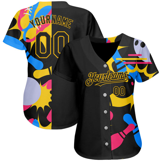 Custom Black Yellow 3D Pattern Design Bowling Authentic Baseball Jersey - Sky-Custom