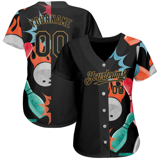 Custom Black Old Gold 3D Pattern Design Bowling Authentic Baseball Jersey - Sky-Custom