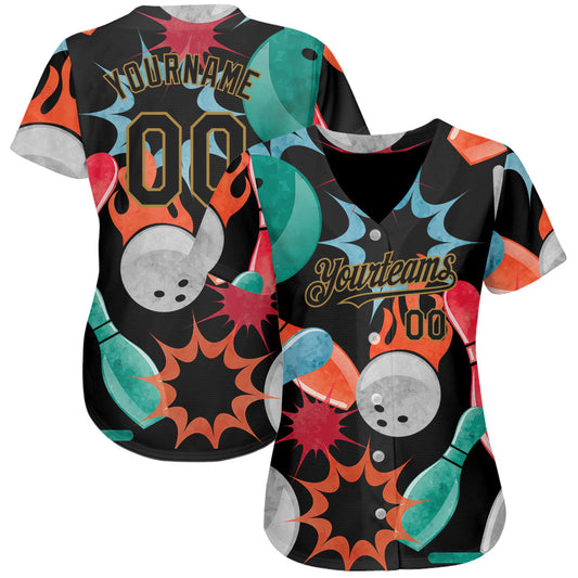 Custom Black Old Gold 3D Pattern Design Bowling Authentic Baseball Jersey - Sky-Custom