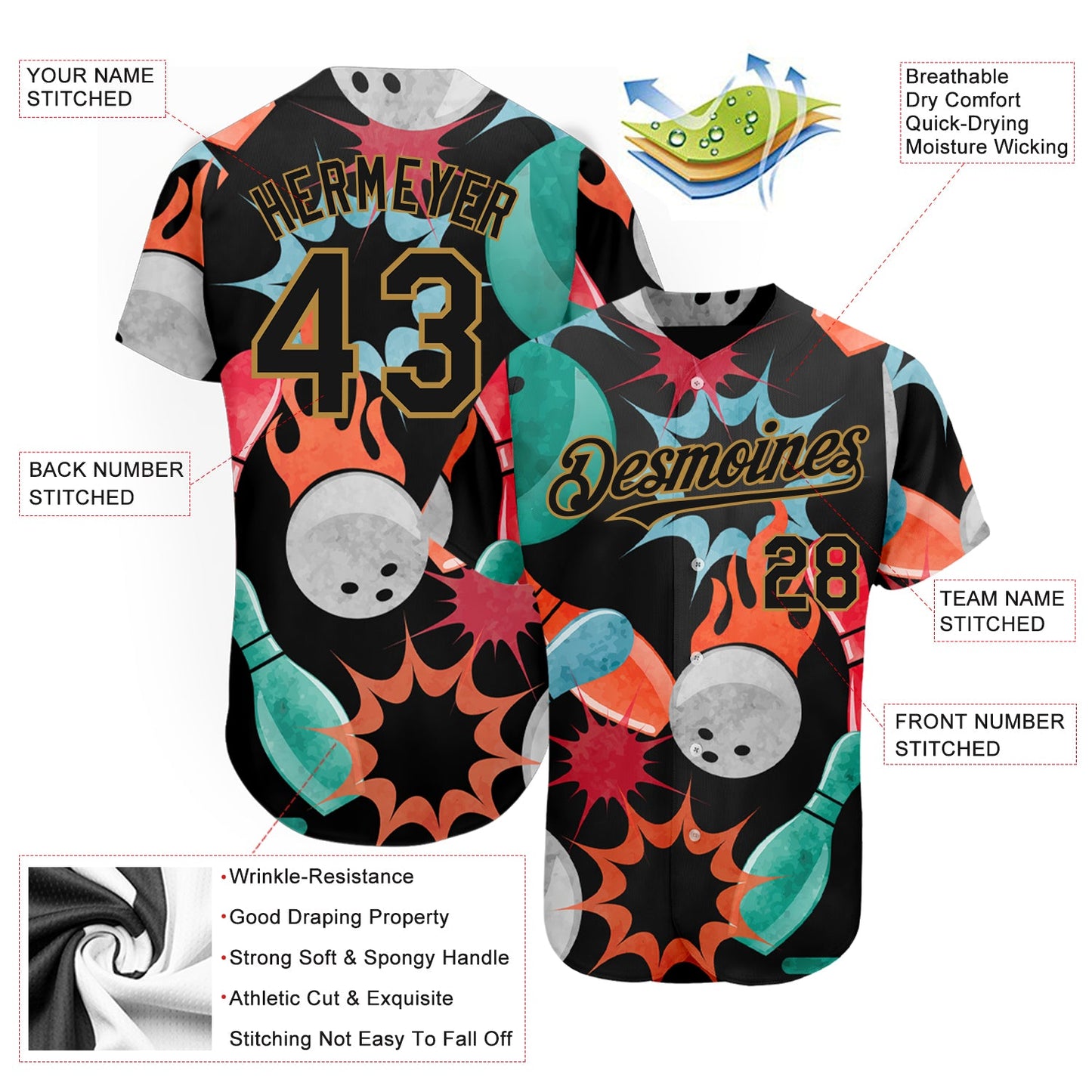 Custom Black Old Gold 3D Pattern Design Bowling Authentic Baseball Jersey - Sky-Custom