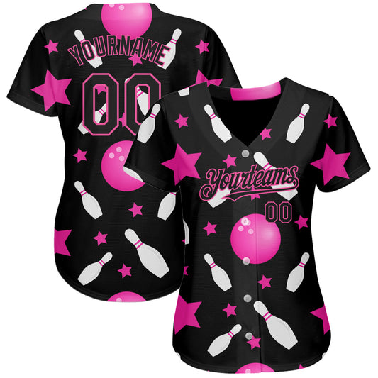 Custom Black Pink 3D Pattern Design Bowling Authentic Baseball Jersey - Sky-Custom